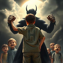 A dynamic scene featuring an 18-year-old heroic boy standing confidently between a group of children and a threatening adult figure, symbolizing injustice