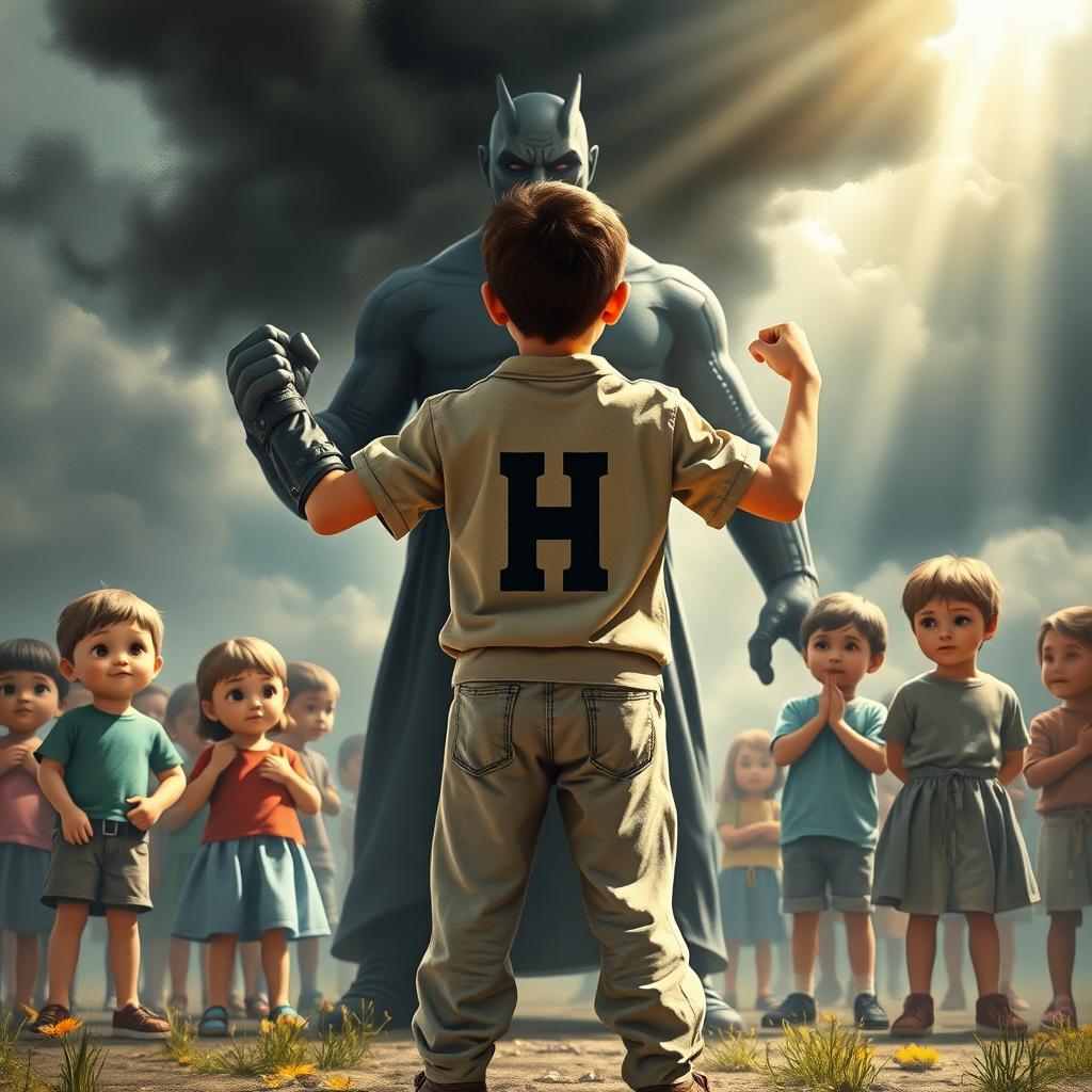 A dynamic scene featuring an 18-year-old heroic boy standing confidently between a group of children and a threatening adult figure, symbolizing injustice