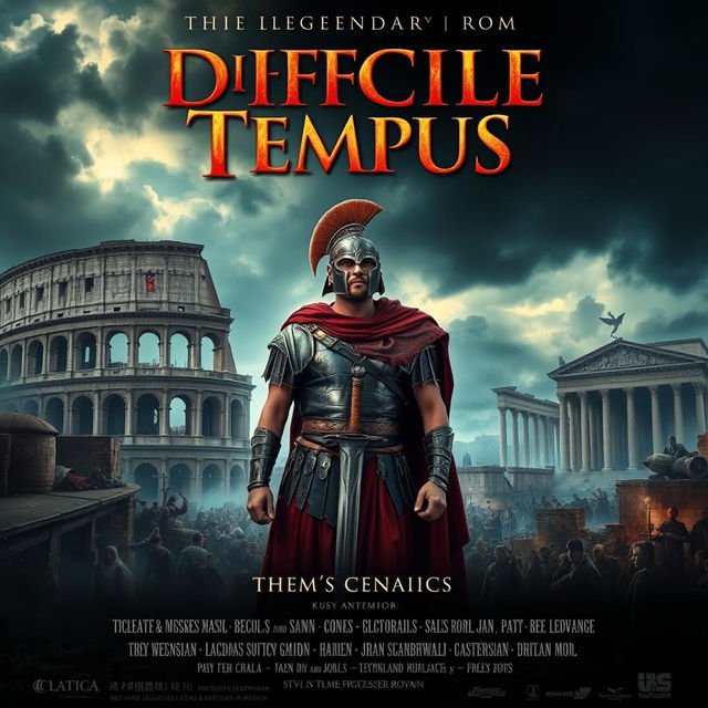 A legendary movie poster for a film titled 'Difficile Tempus', set in the Low Empire of Ancient Rome, designed with all the elements typical of a cinematic release