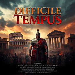 A legendary movie poster for a film titled 'Difficile Tempus', set in the Low Empire of Ancient Rome, designed with all the elements typical of a cinematic release