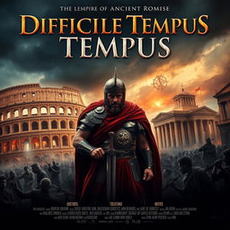 A legendary movie poster for a film titled 'Difficile Tempus', set in the Low Empire of Ancient Rome, designed with all the elements typical of a cinematic release