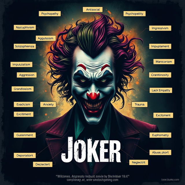 A conceptual map for a movie themed around the character Joker, featuring an artistic representation of the Joker himself, exuding chaos and complexity