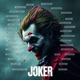 A conceptual map for a movie themed around the character Joker, featuring an artistic representation of the Joker himself, exuding chaos and complexity