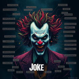 A conceptual map for a movie themed around the character Joker, featuring an artistic representation of the Joker himself, exuding chaos and complexity