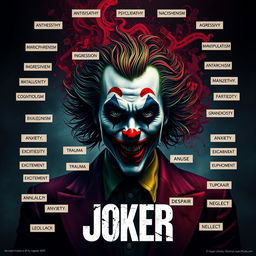 A conceptual map for a movie themed around the character Joker, featuring an artistic representation of the Joker himself, exuding chaos and complexity