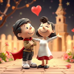 A whimsical 3D illustration featuring Peanuts characters reimagined as Romeo and Juliet