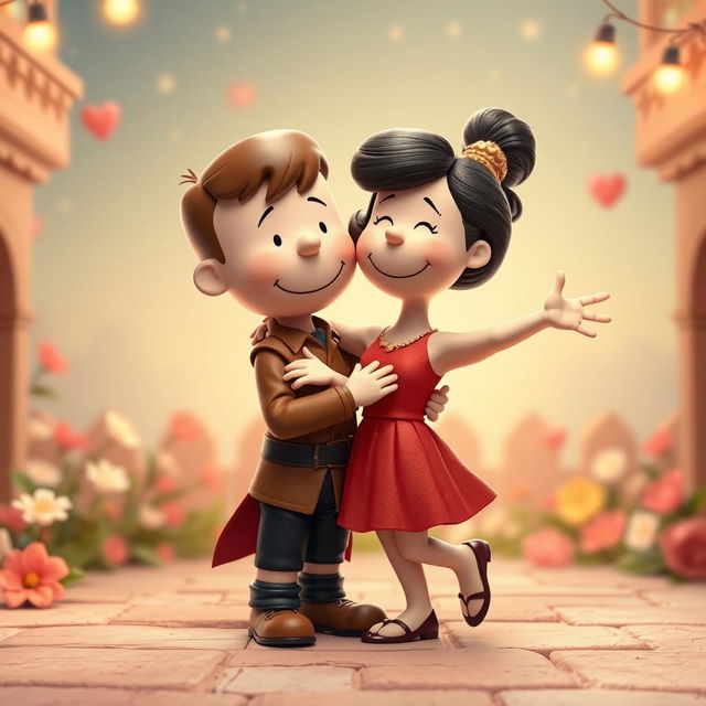 A whimsical 3D illustration featuring Peanuts characters reimagined as Romeo and Juliet