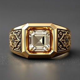 A beautifully crafted men's ring featuring intricate Islamic geometric designs elegantly engraved on its sides