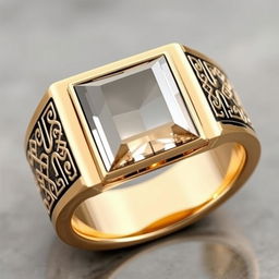 A beautifully crafted men's ring featuring intricate Islamic geometric designs elegantly engraved on its sides