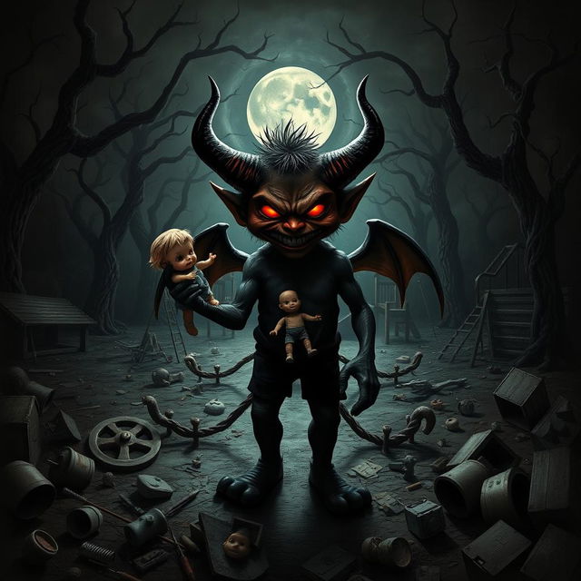 A powerful and dark portrayal of childhood trauma represented as a devil figure