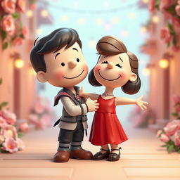 A charming 3D illustration of Peanuts characters as Romeo and Juliet