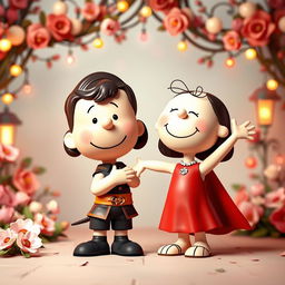 A charming 3D illustration of Peanuts characters as Romeo and Juliet