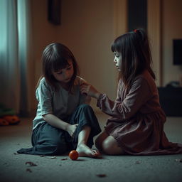A poignant scene depicting two girls where one is sitting on the floor in a moment of vulnerability, looking pale and weak, symbolizing a sense of fragility and struggle