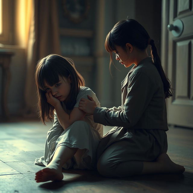 A poignant scene depicting two girls where one is sitting on the floor in a moment of vulnerability, looking pale and weak, symbolizing a sense of fragility and struggle