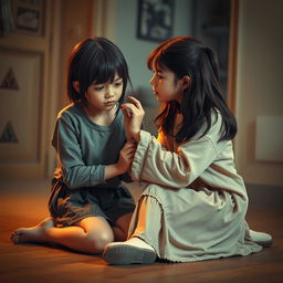 A poignant scene depicting two girls where one is sitting on the floor in a moment of vulnerability, looking pale and weak, symbolizing a sense of fragility and struggle