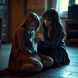 A poignant scene depicting two girls where one is sitting on the floor in a moment of vulnerability, looking pale and weak, symbolizing a sense of fragility and struggle