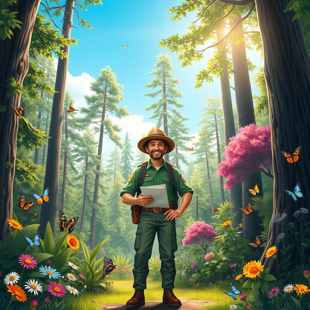 A vibrant and lush forest scene showcasing the beauty of nature, with a passionate forest ranger standing proudly among tall trees