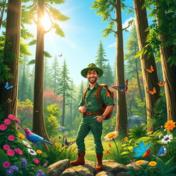 A vibrant and lush forest scene showcasing the beauty of nature, with a passionate forest ranger standing proudly among tall trees