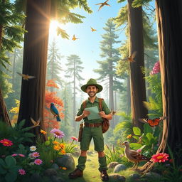 A vibrant and lush forest scene showcasing the beauty of nature, with a passionate forest ranger standing proudly among tall trees