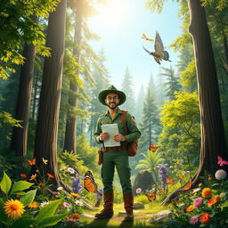 A vibrant and lush forest scene showcasing the beauty of nature, with a passionate forest ranger standing proudly among tall trees