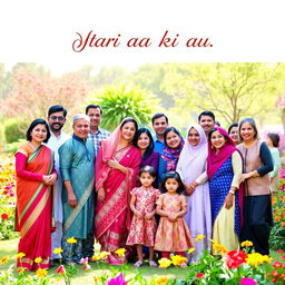 A cohesive and joyful family photograph capturing a group of diverse family members, representing multiple generations, with the name 'فرزندان حاج احمد آقا' elegantly displayed at the top