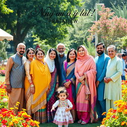 A cohesive and joyful family photograph capturing a group of diverse family members, representing multiple generations, with the name 'فرزندان حاج احمد آقا' elegantly displayed at the top