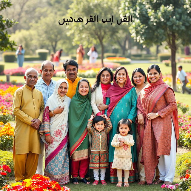 A cohesive and joyful family photograph capturing a group of diverse family members, representing multiple generations, with the name 'فرزندان حاج احمد آقا' elegantly displayed at the top