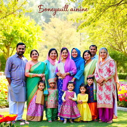 A cohesive and joyful family photograph capturing a group of diverse family members, representing multiple generations, with the name 'فرزندان حاج احمد آقا' elegantly displayed at the top