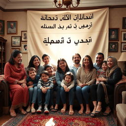 A warm and inviting family group portrait featuring all members of the family under the banner of 'فرزندان حاج احمد آقا'