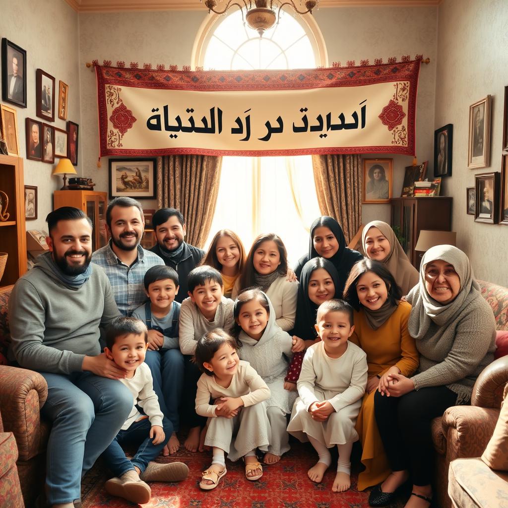 A warm and inviting family group portrait featuring all members of the family under the banner of 'فرزندان حاج احمد آقا'