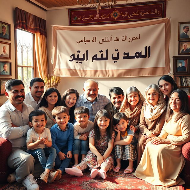 A warm and inviting family group portrait featuring all members of the family under the banner of 'فرزندان حاج احمد آقا'