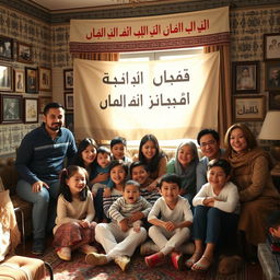 A warm and inviting family group portrait featuring all members of the family under the banner of 'فرزندان حاج احمد آقا'