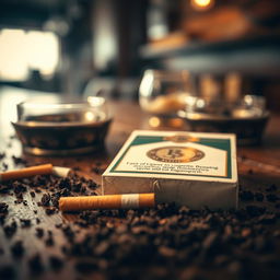A close-up image of a vintage cigarette pack lying on a wooden table, surrounded by scattered loose tobacco and a couple of rolled cigarettes