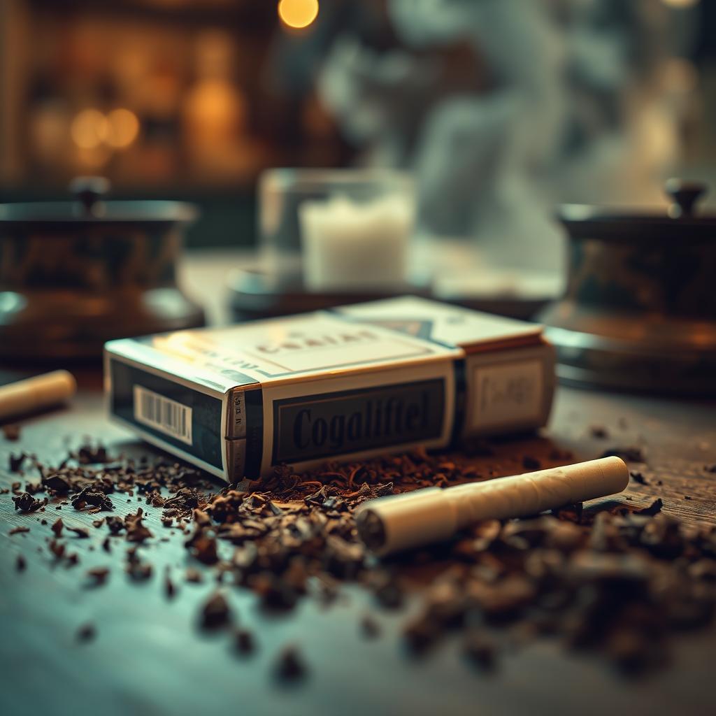 A close-up image of a vintage cigarette pack lying on a wooden table, surrounded by scattered loose tobacco and a couple of rolled cigarettes