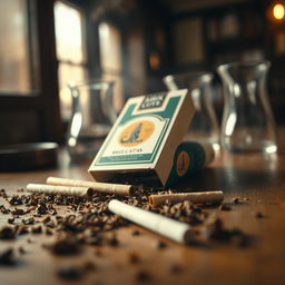 A close-up image of a vintage cigarette pack lying on a wooden table, surrounded by scattered loose tobacco and a couple of rolled cigarettes