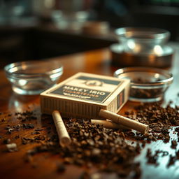 A close-up image of a vintage cigarette pack lying on a wooden table, surrounded by scattered loose tobacco and a couple of rolled cigarettes