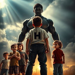 A powerful and dramatic scene featuring an 18-year-old heroic boy standing tall, facing an ordinary adult villain who symbolizes injustice