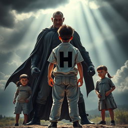 A powerful and dramatic scene featuring an 18-year-old heroic boy standing tall, facing an ordinary adult villain who symbolizes injustice
