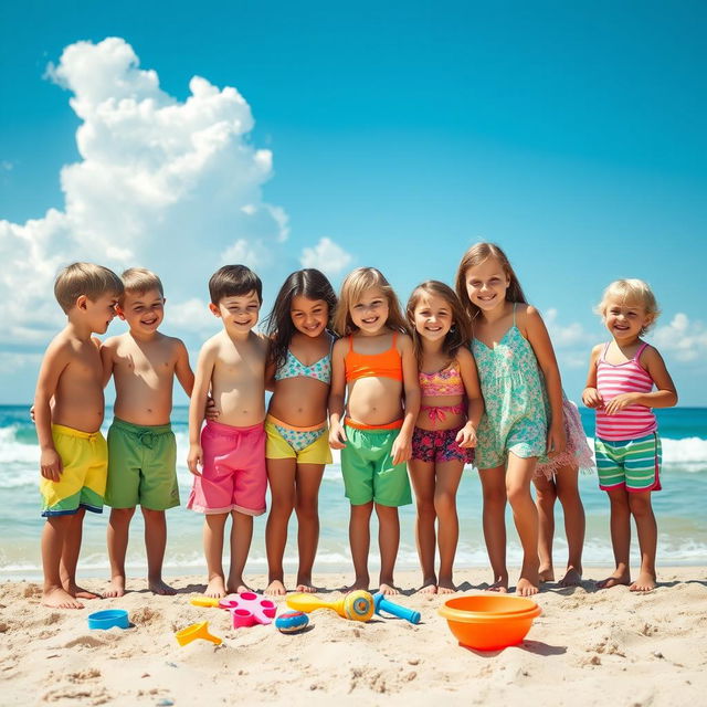 A vibrant and lively scene of boys and girls standing together by the beach, enjoying a sunny day