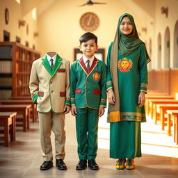 A traditional Iranian school uniform featuring a beautiful design of the lion and sun emblem, incorporating vibrant colors of green, red, and yellow