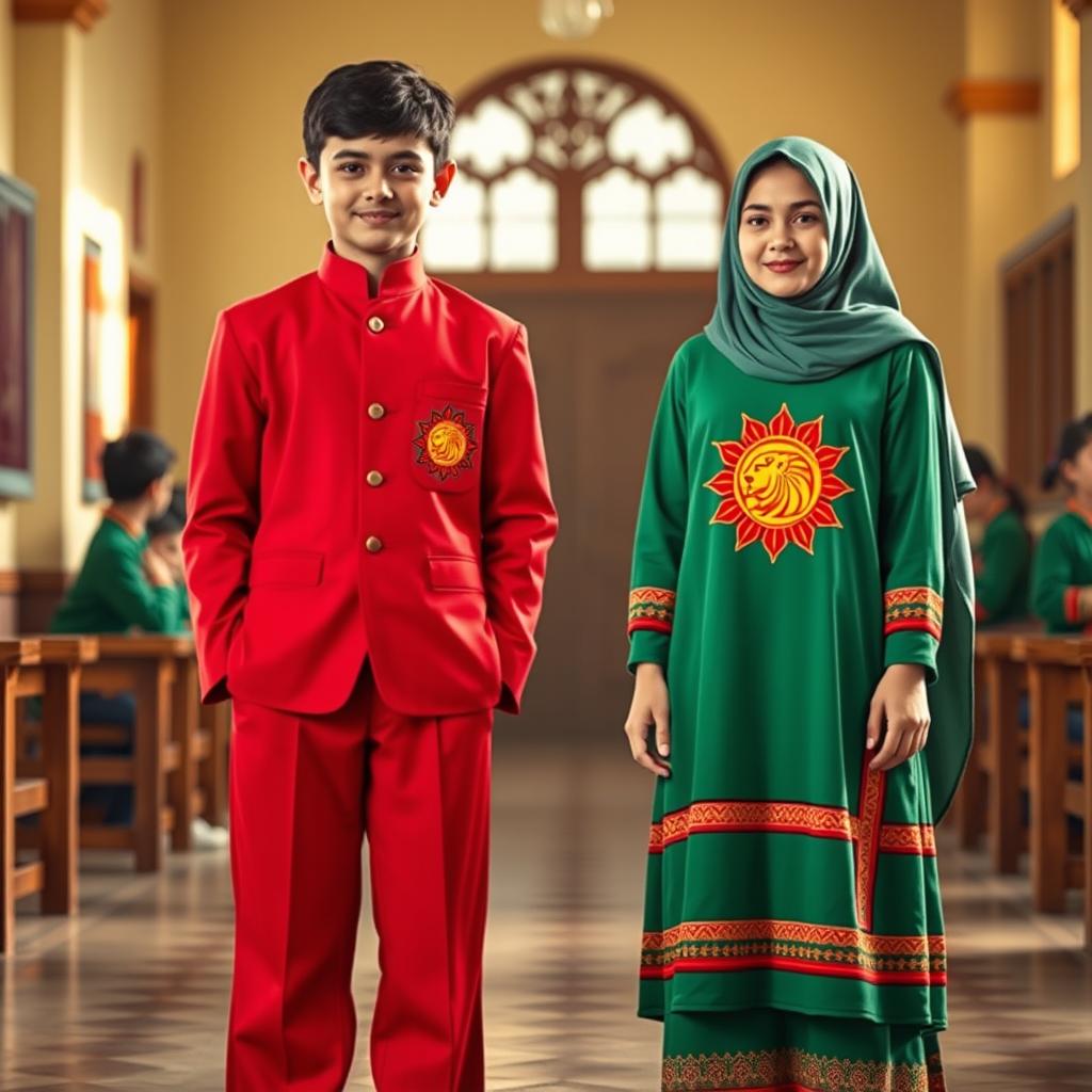 A traditional Iranian school uniform featuring a beautiful design of the lion and sun emblem, incorporating vibrant colors of green, red, and yellow