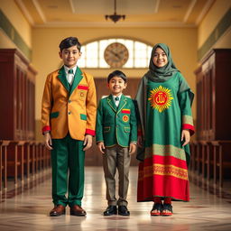 A traditional Iranian school uniform featuring a beautiful design of the lion and sun emblem, incorporating vibrant colors of green, red, and yellow