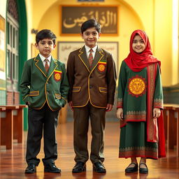 A traditional Iranian school uniform featuring a beautiful design of the lion and sun emblem, incorporating vibrant colors of green, red, and yellow