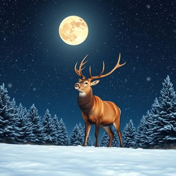 A majestic stag under a starry winter night sky, with a backdrop of softly falling snowflakes
