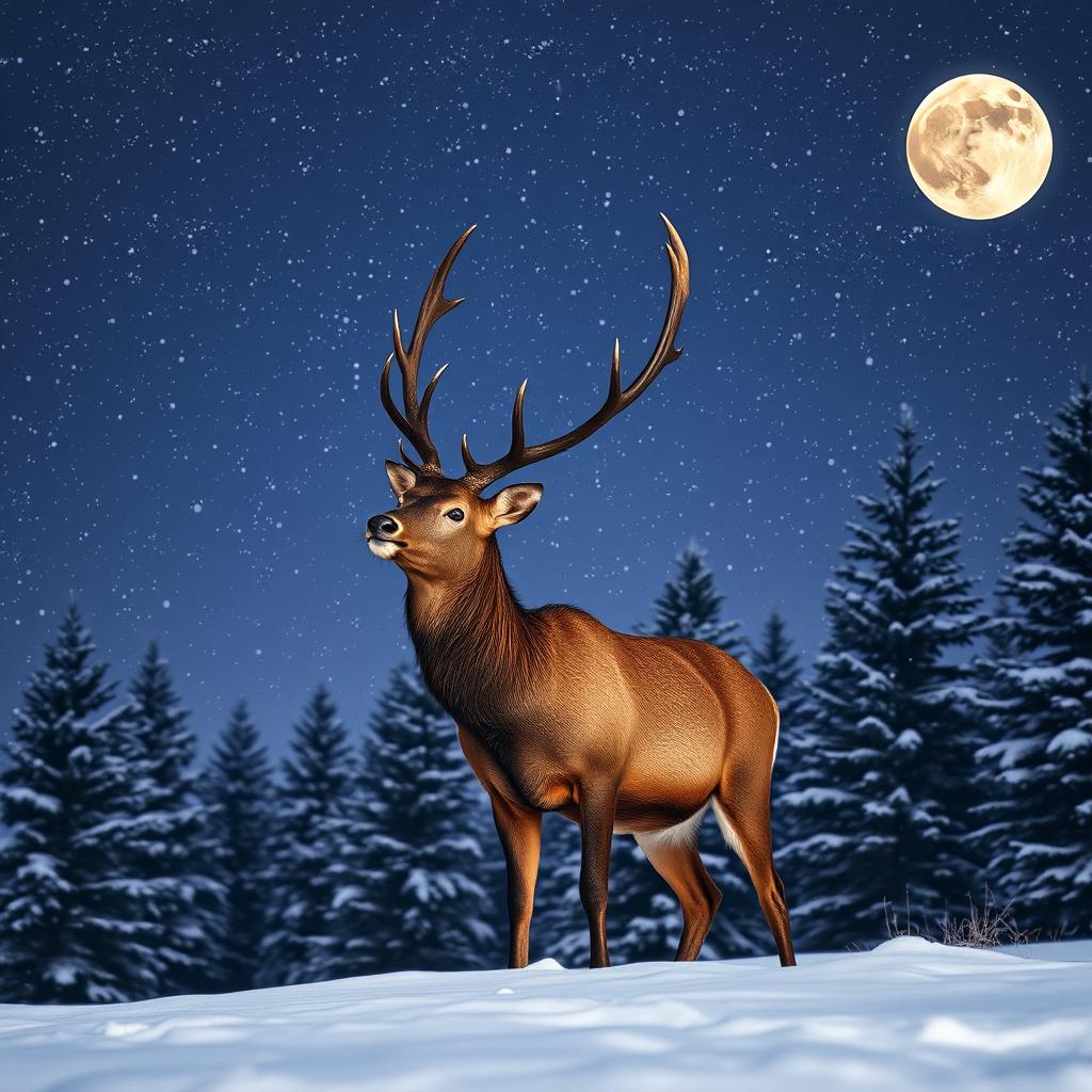 A majestic stag under a starry winter night sky, with a backdrop of softly falling snowflakes