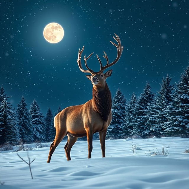 A majestic stag under a starry winter night sky, with a backdrop of softly falling snowflakes