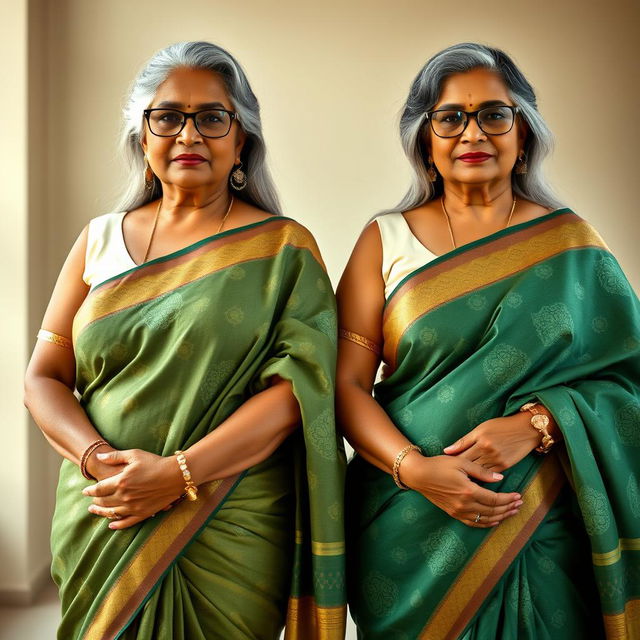 Two elegant dusky Indian women, both aged 60 and exuding confidence, stand side by side