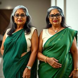 Two elegant dusky Indian women, both aged 60 and exuding confidence, stand side by side