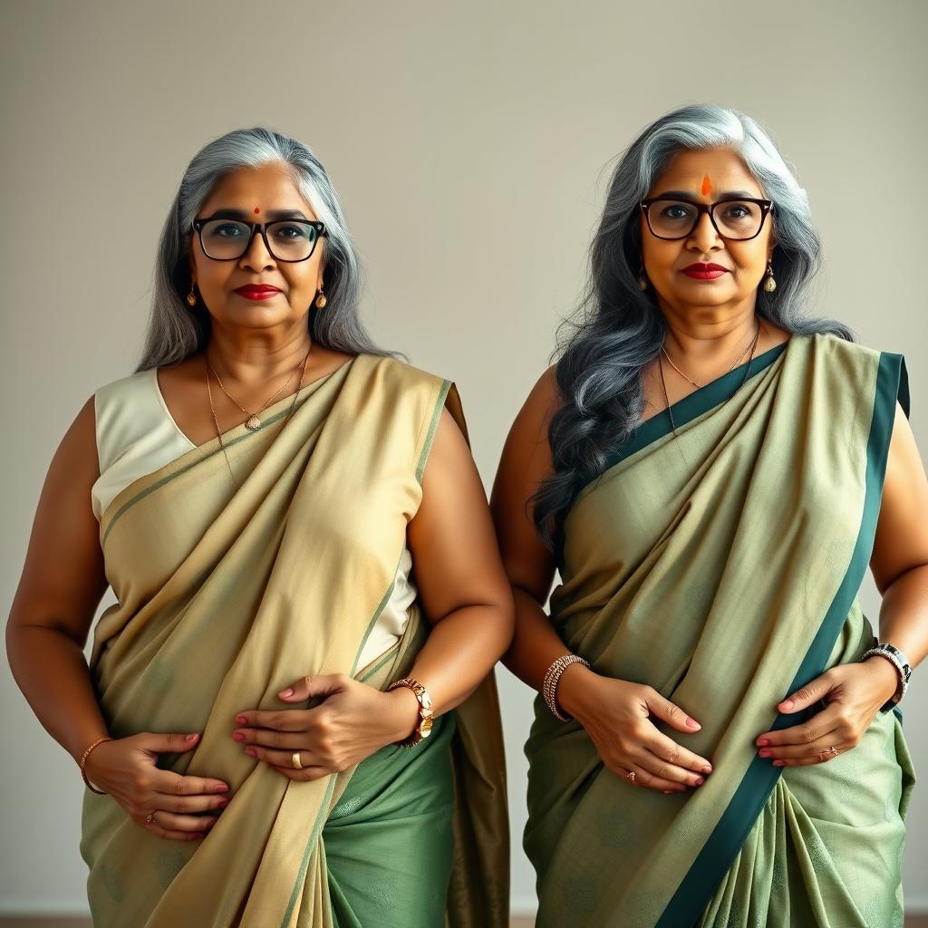 Two elegant dusky Indian women, both aged 60 and exuding confidence, stand side by side