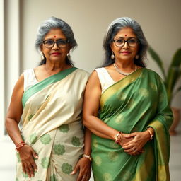 Two elegant dusky Indian women, both aged 60 and exuding confidence, stand side by side